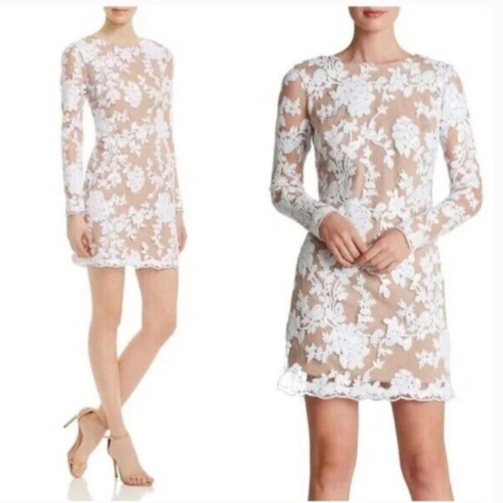 Dress the Population Sheath Dress White and Cream Long Sleeve